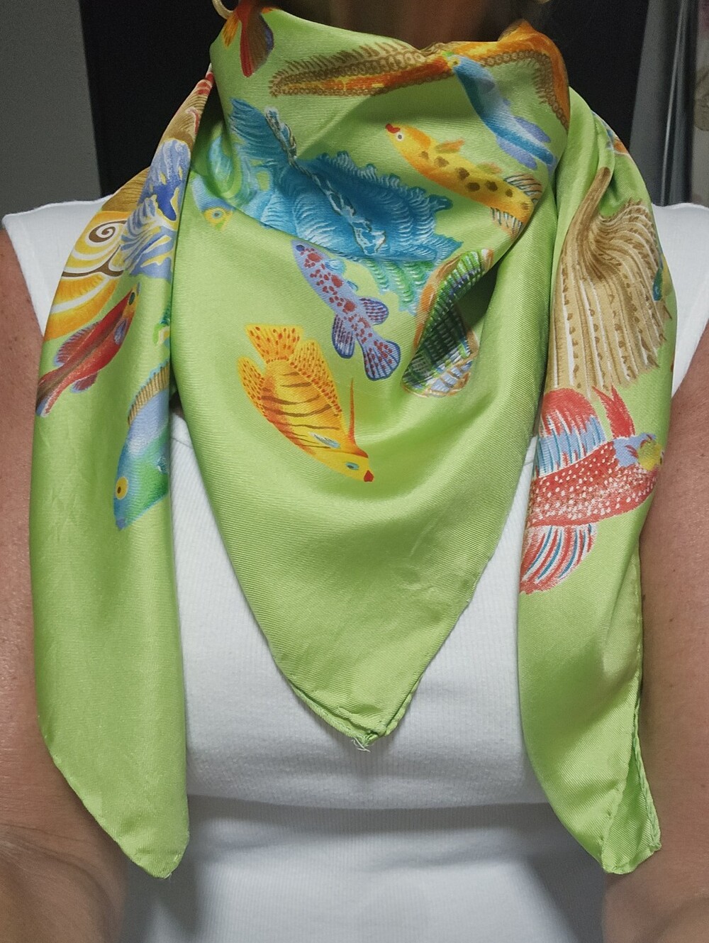 Talbots Lime Green 100% Silk Scarf with Colorful Fish Motif 35x35